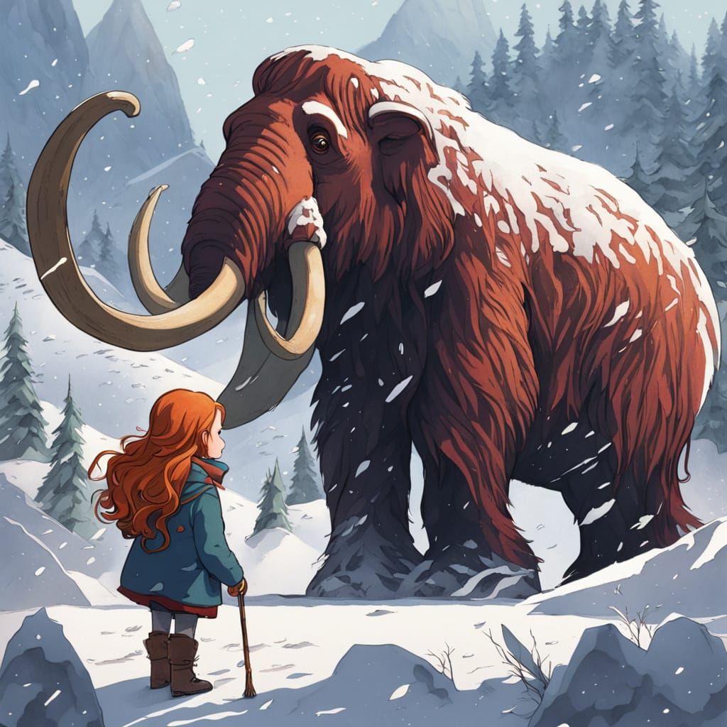 Girl Hugs Mammoth in Snowy Mountain Landscape
