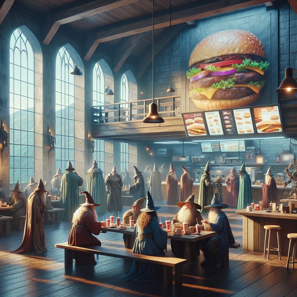 Wizards Meet at Fast-Food Restaurant: Fantasy Concept Art