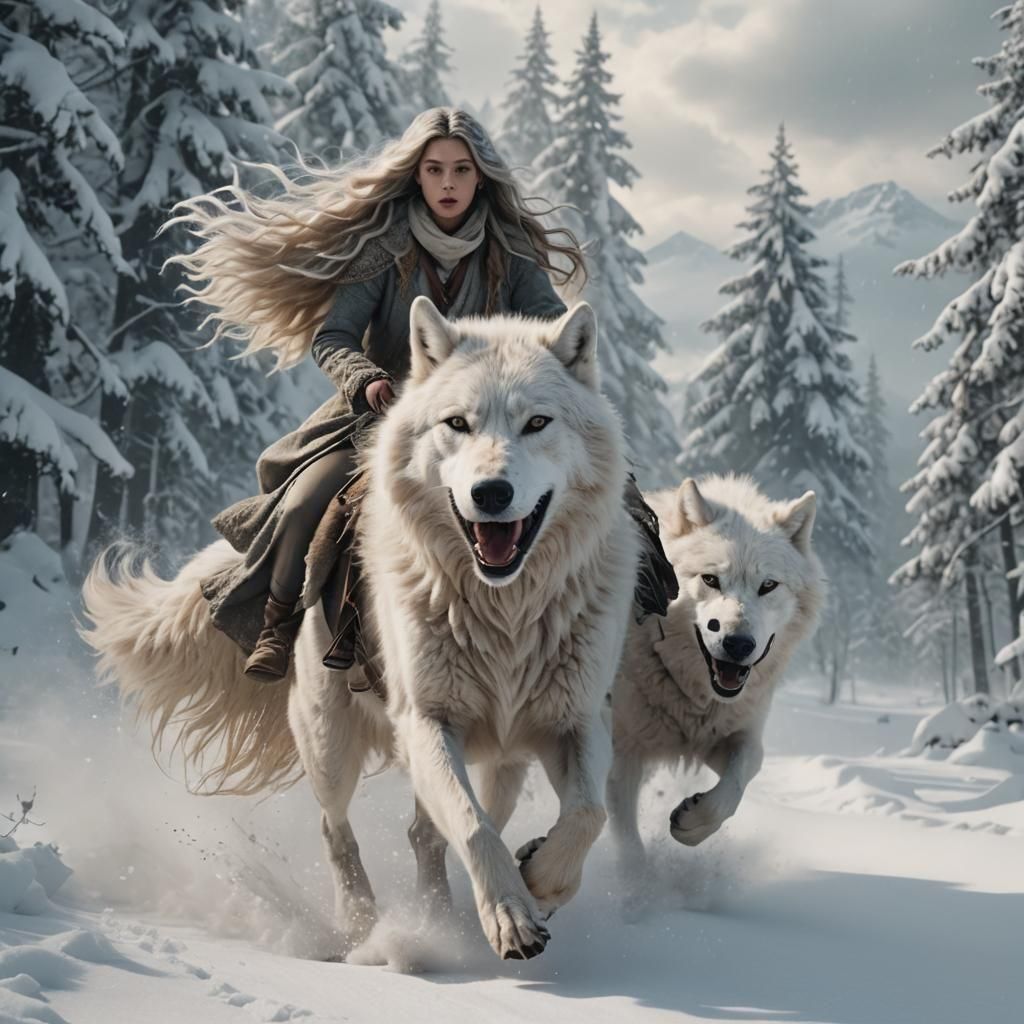 Woman Rides White Wolf Through Snowy Landscape