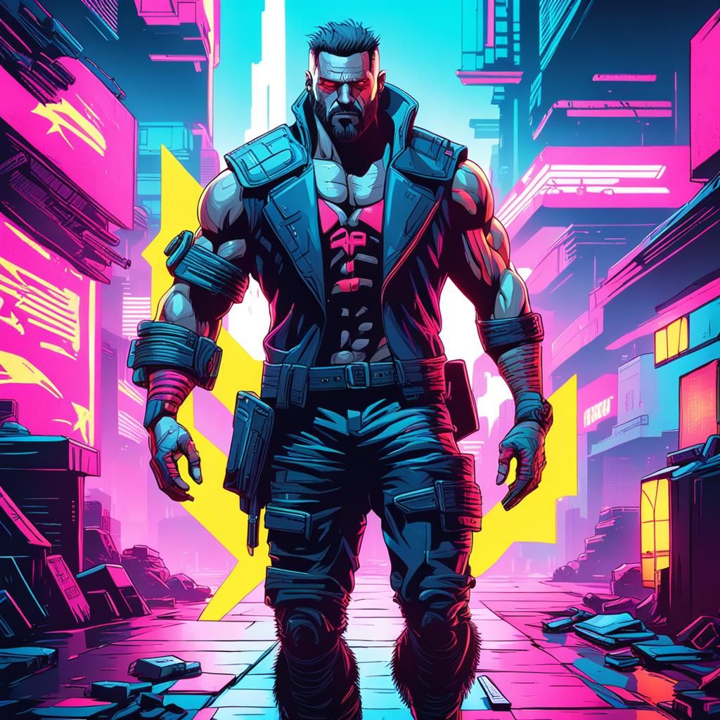 Cyberpunk Muscle Man in Neon Cityscape
