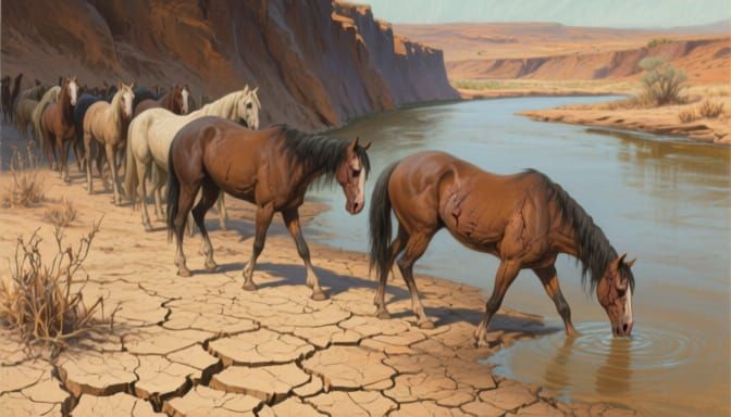 Oil Painting of Horses on Dry Riverbed Seeking Water