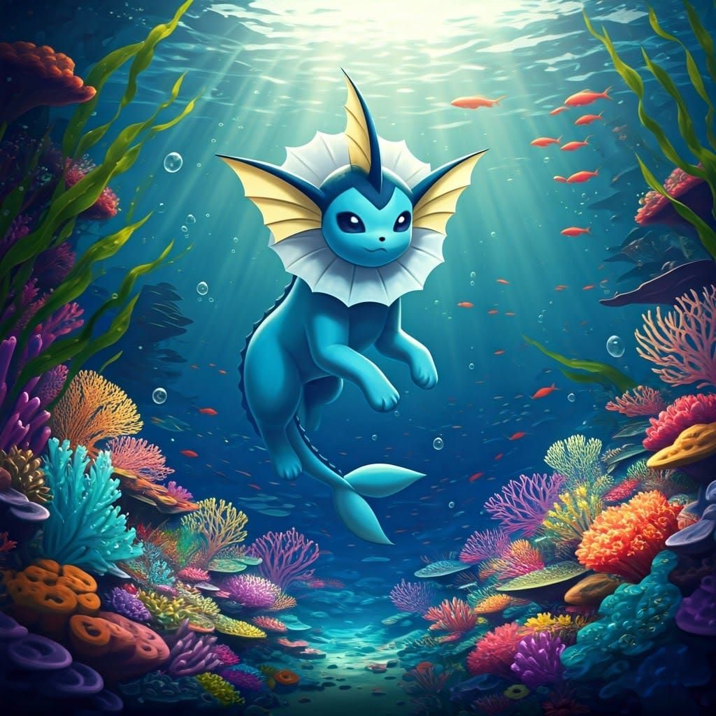 Majestic Vaporeon in a Kaleidoscopic Coral Reef