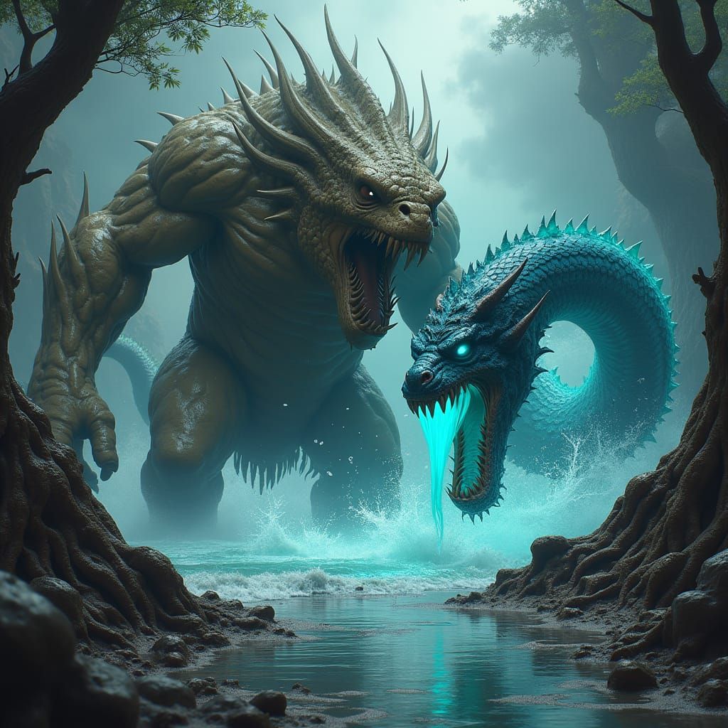 Mud Creature vs Water Serpent in Epic Battle