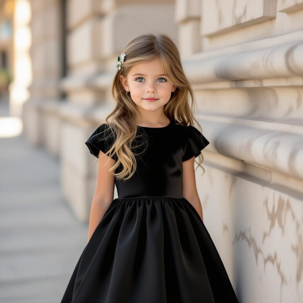 Innocent Girl with Green Eyes in Dark Gown