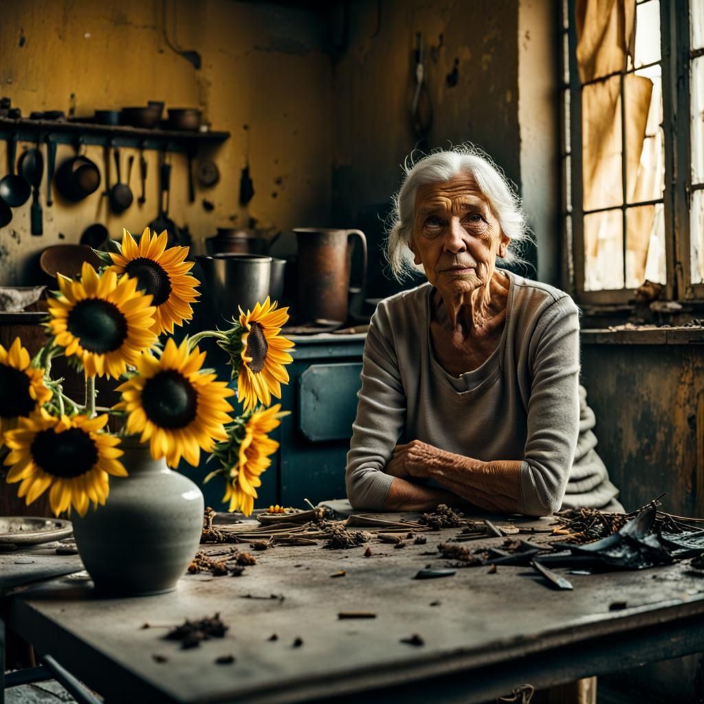 Old Woman in Abandoned Kitchen with Sunflowers