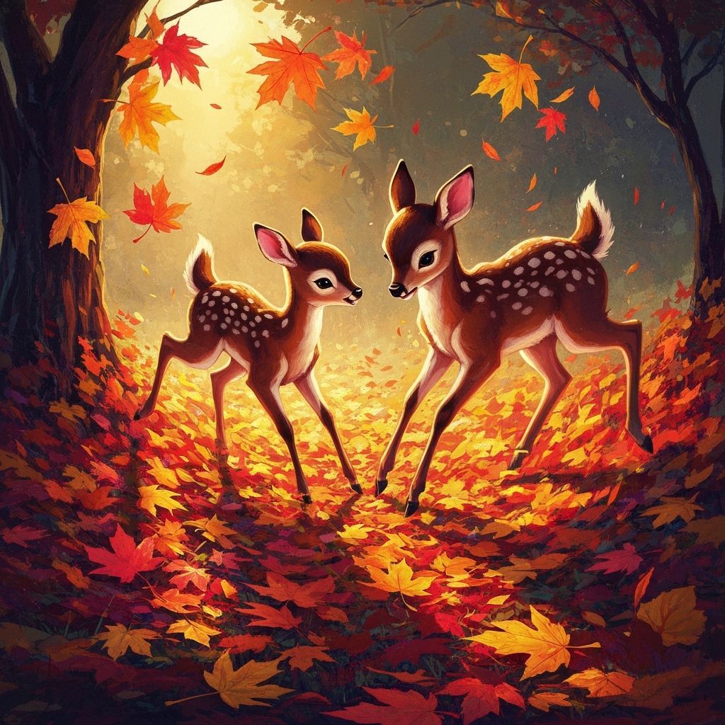 Whimsical Fawns Playing in Autumn Leaves Splash Art