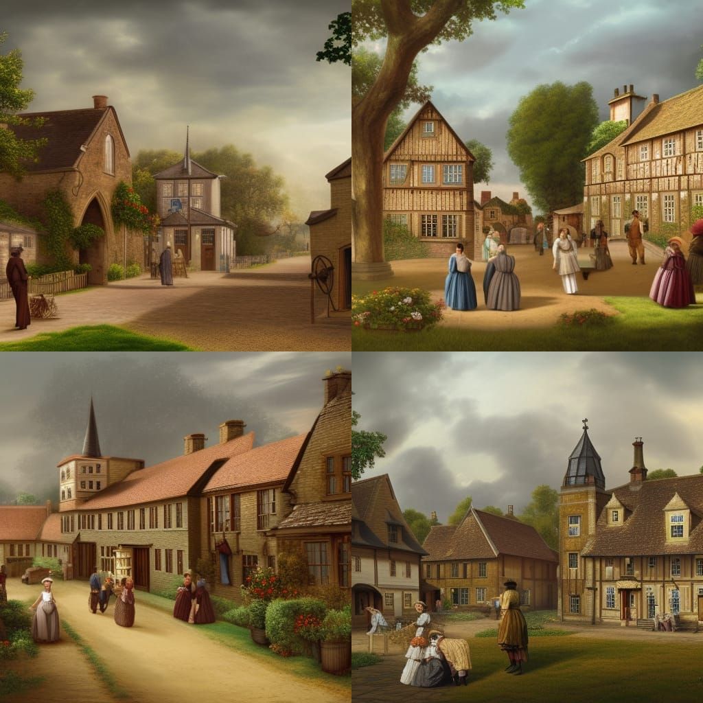Countryside village in the style of Jane Austen with a manor, a church, a pub, a blacksmith, a dress shop, a dry goods s...