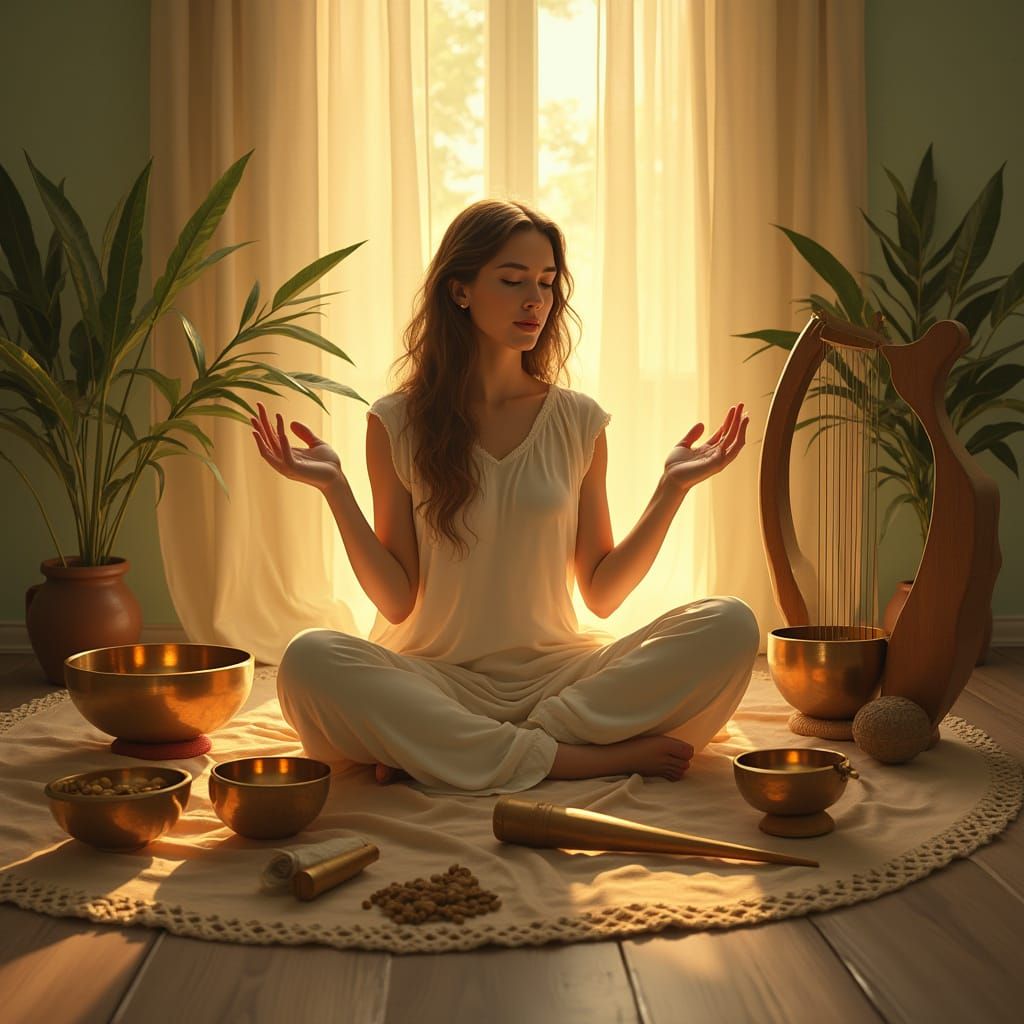 Serene Woman Plays Sound Healing Instruments in Ethereal Atm...