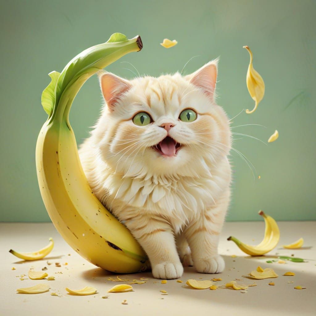 Whimsical Cat Peeks from Torn Banana Peel in Sunny Watercolo...