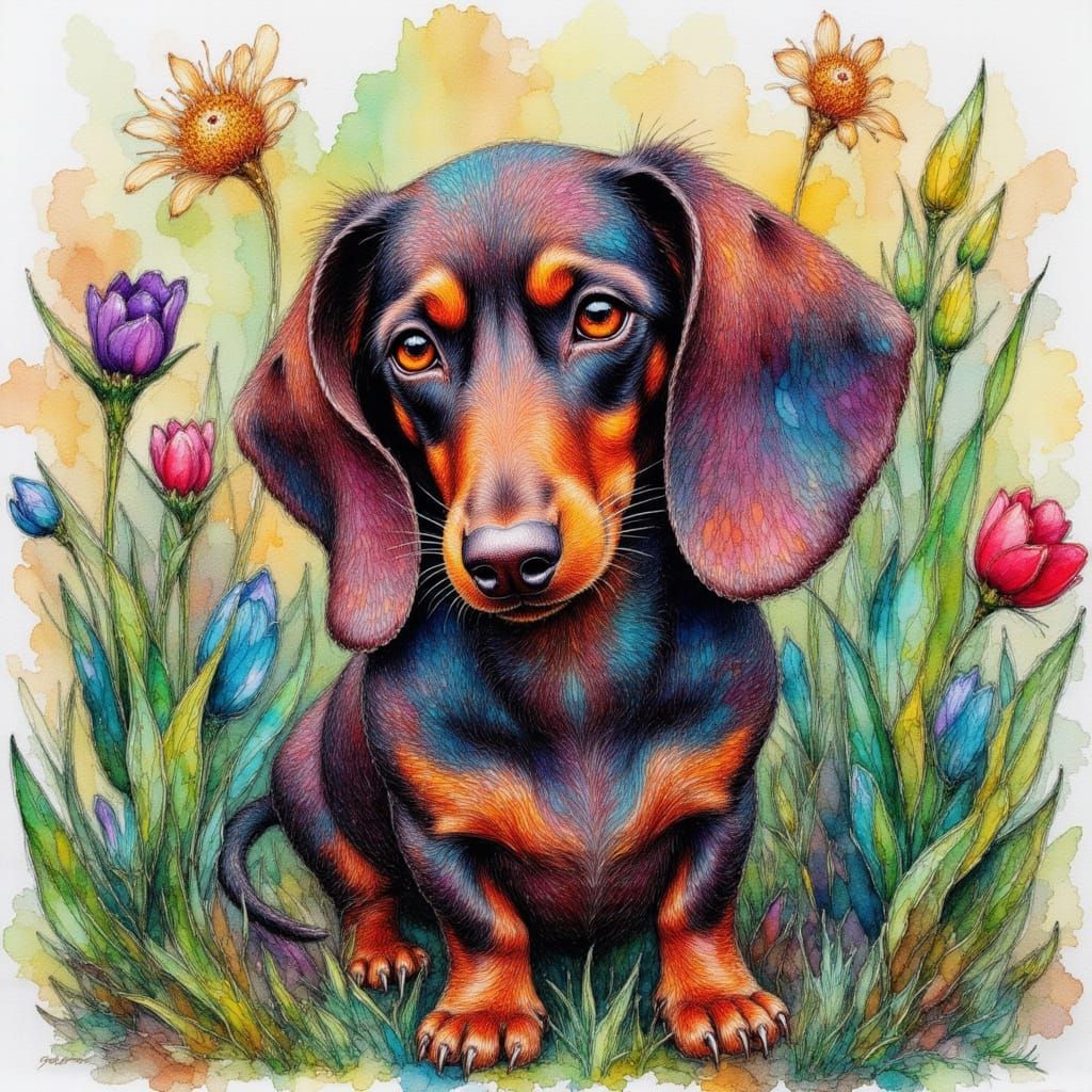 Rusty Dachshund in Spring Garden, Impressionist Alcohol Ink ...