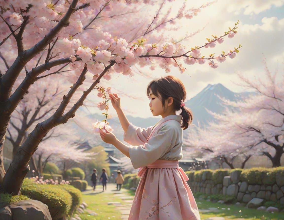 Japanese Impressionist Cherry Blossom Garden Scene