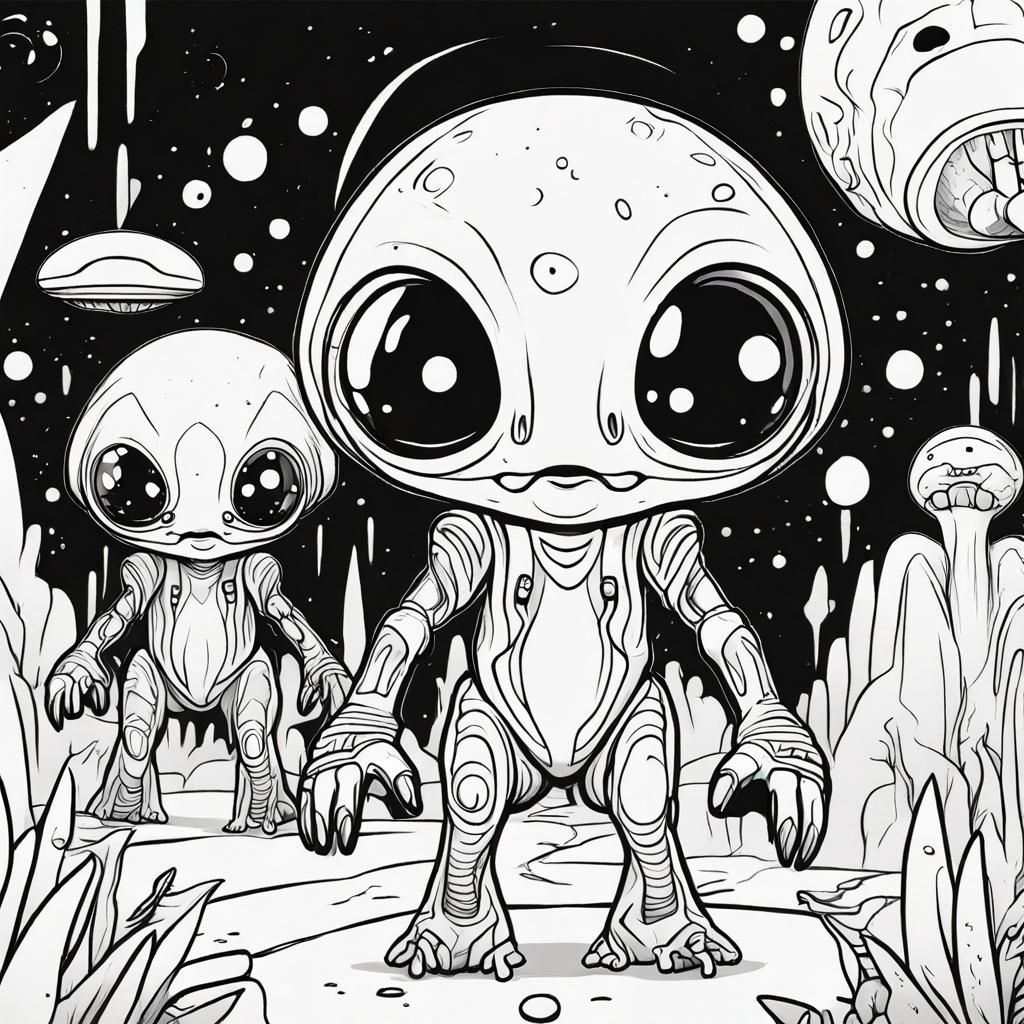 Kawaii Aliens Coloring Page in Black and White