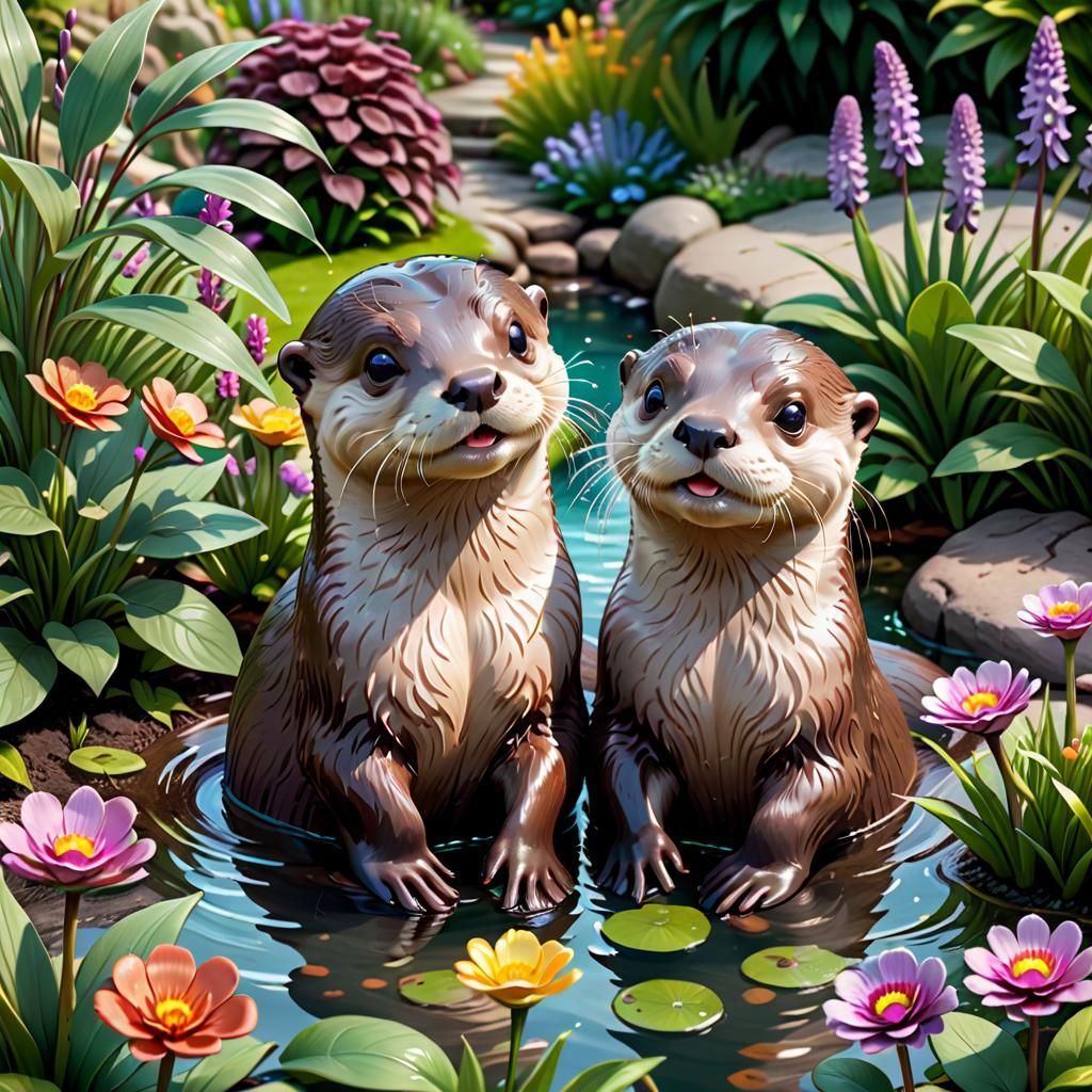 Whimsical Otters Frolic in a Realistic Garden