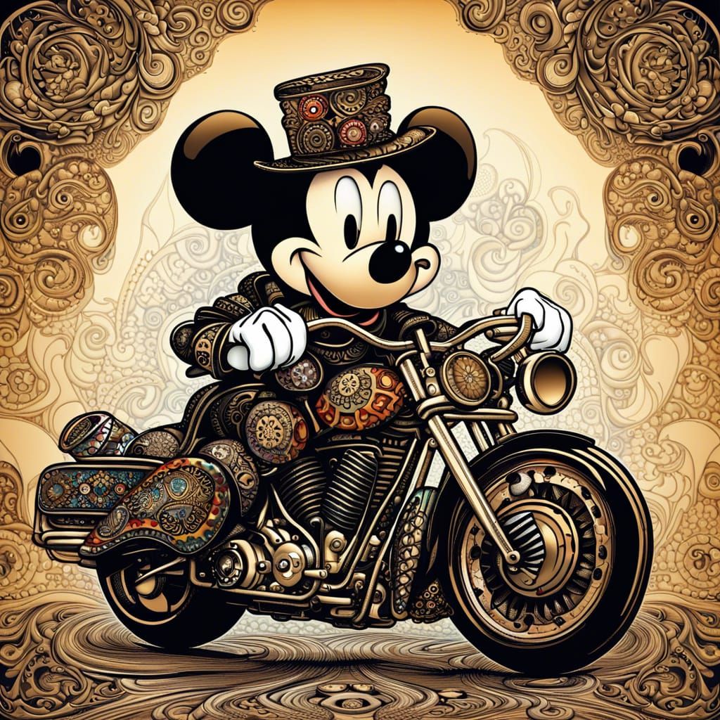 Post-Punk Mickey Mouse Rides a Motorcycle