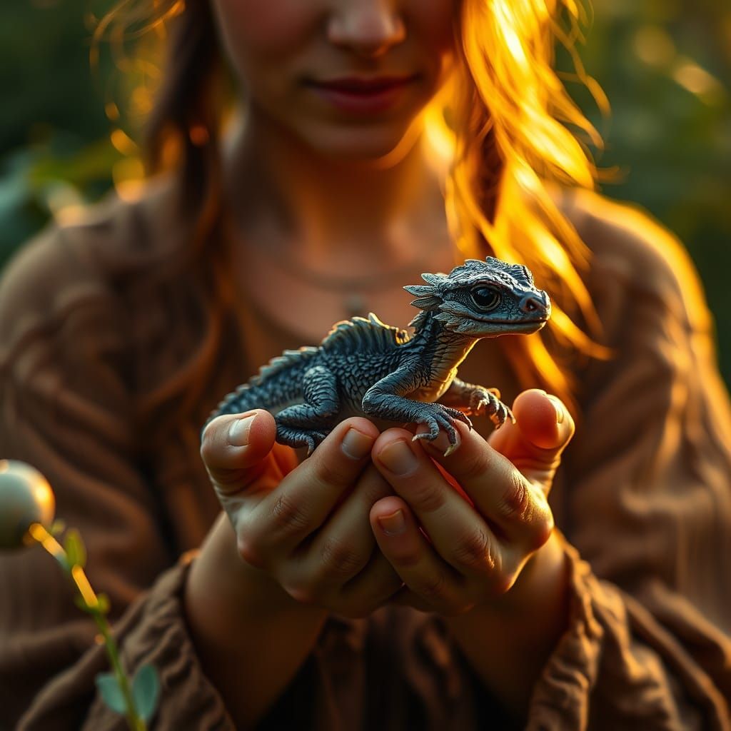 Earthy Woman Cradles Baby Dragon in Lush Setting