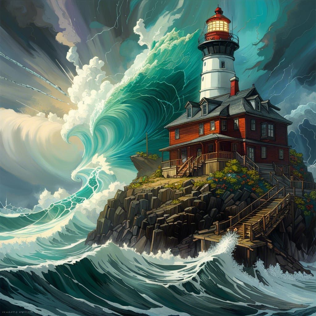 Dramatic Coastal Storm with Lighthouse, Fantasy Art