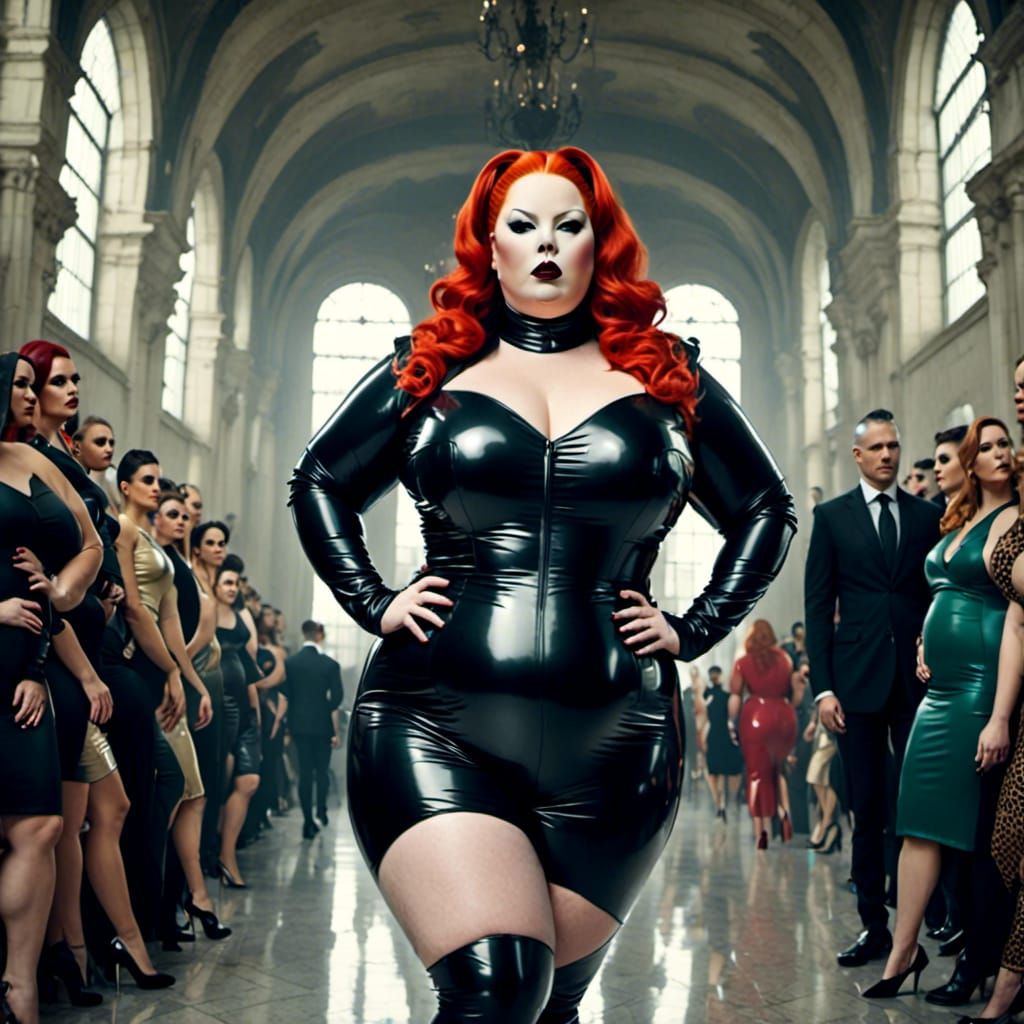 Red-Haired Model on Catwalk in High-Fashion Style