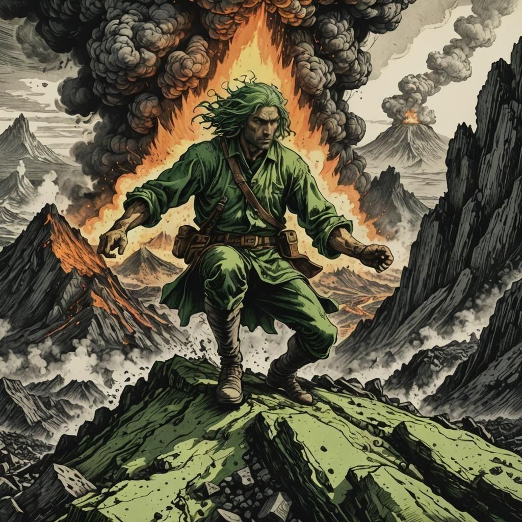 Man Versus Lava: Etched Volcano Battle in Grayscale