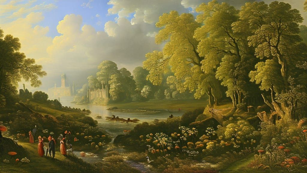 Constable-Style Landscape with Village and Colorful Flora