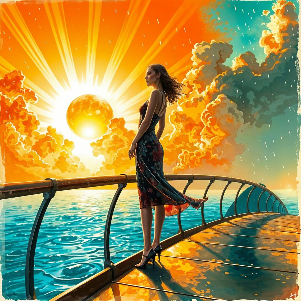 Silhouette on Bridge in Rainy Golden Hour