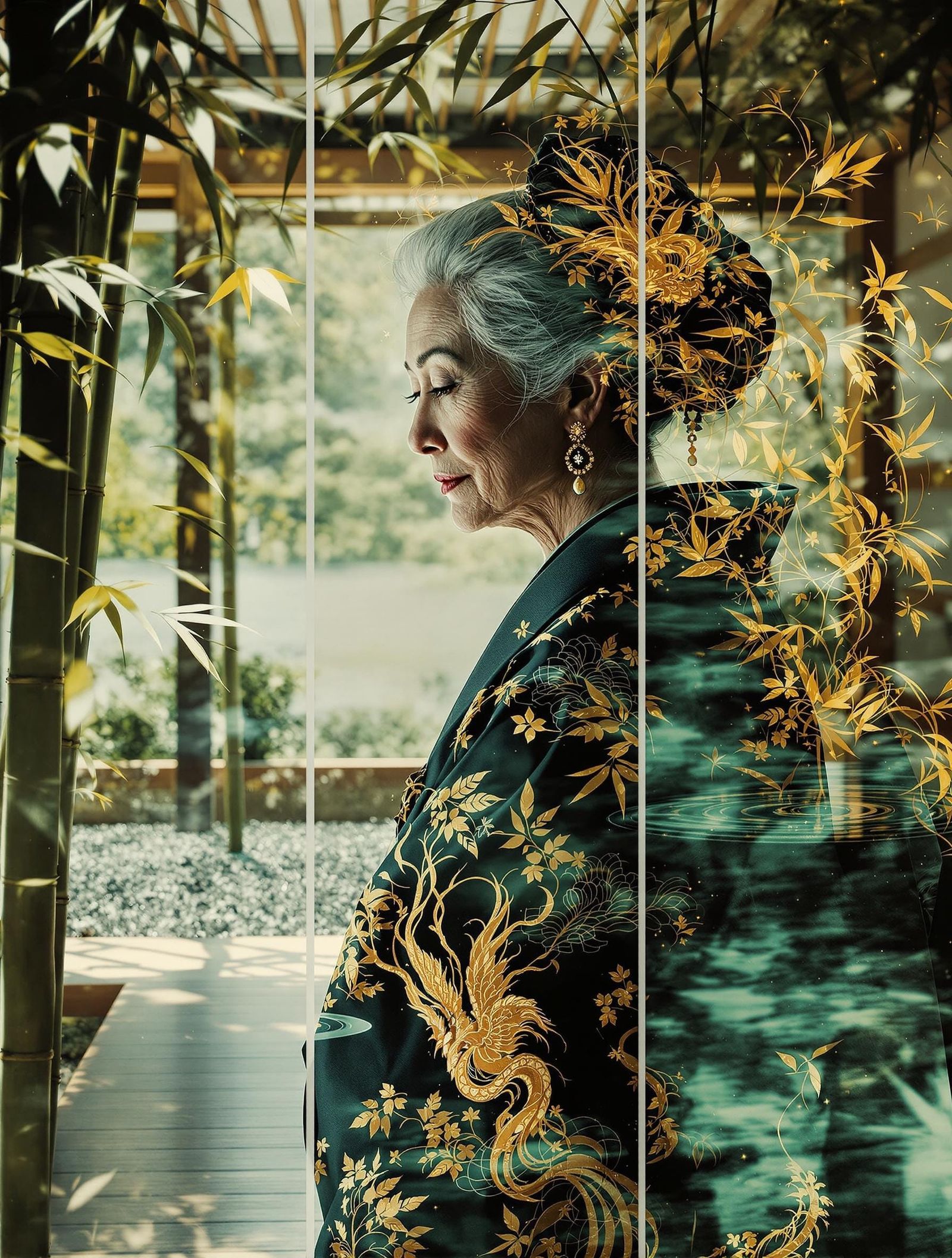 Japanese Woman in Phoenix Kimono Triptych