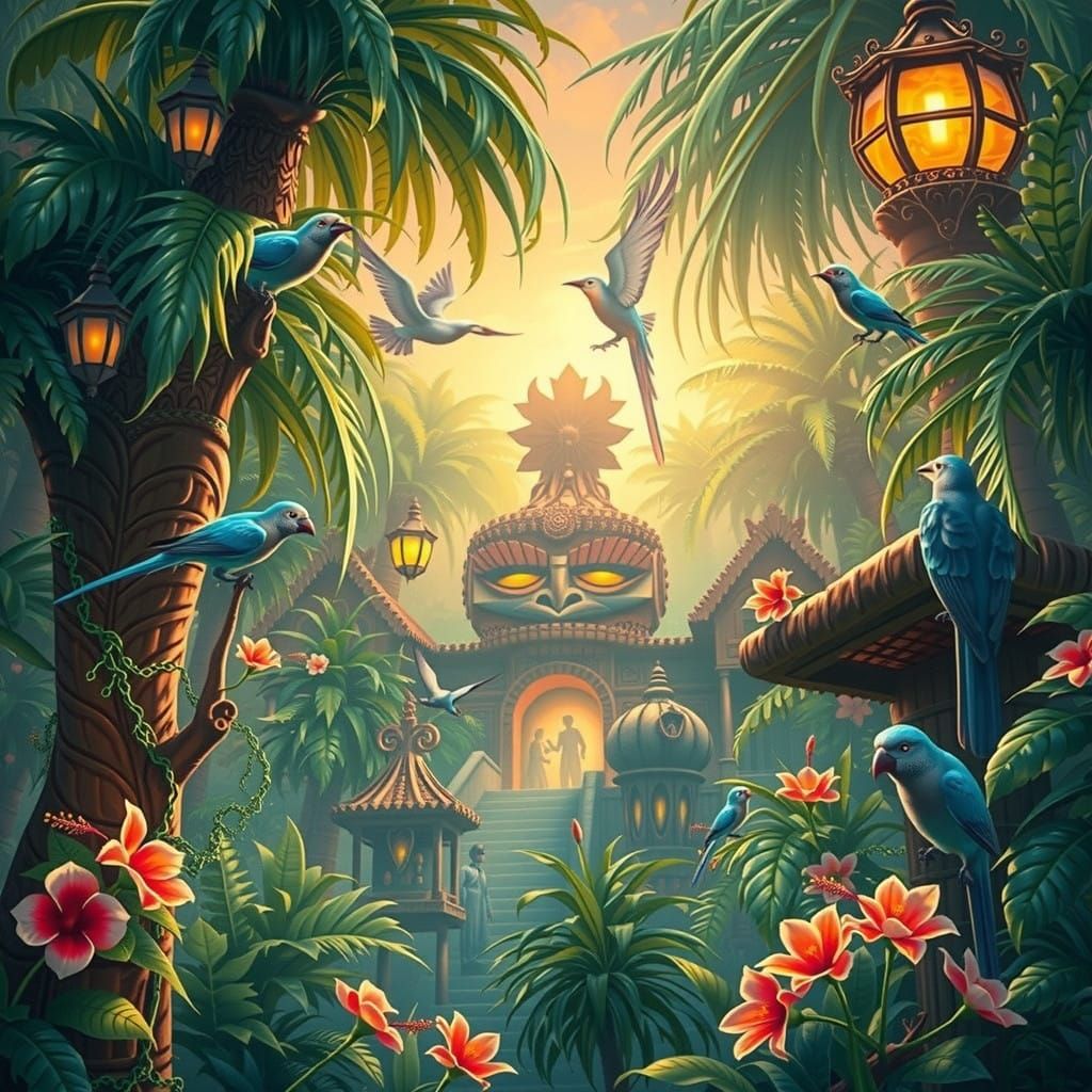 Mystical Tiki Room Wonderland in Watercolor Style