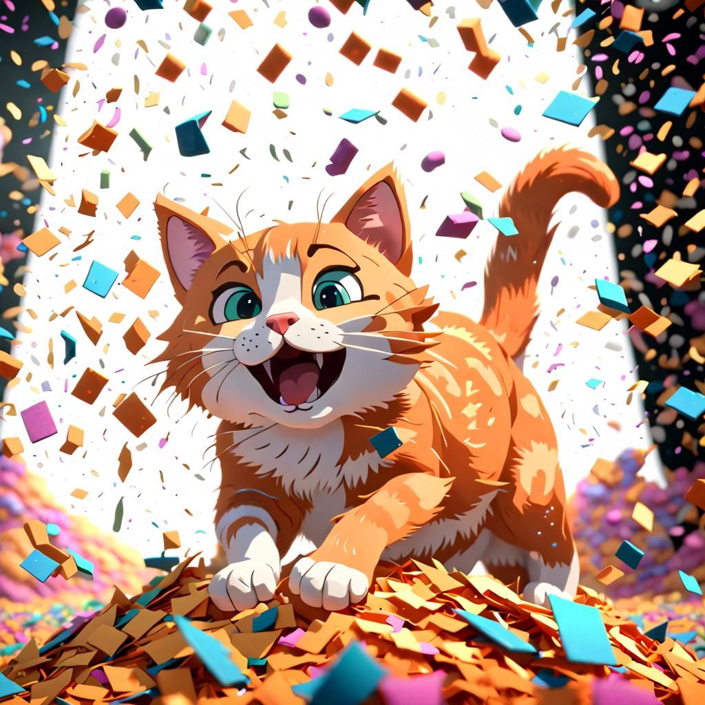 Orange Cat Emerges from Confetti Pile