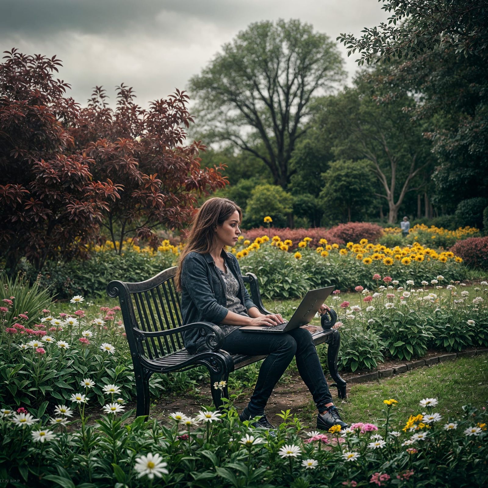 Woman Working on Laptop in Lush Botanical Garden