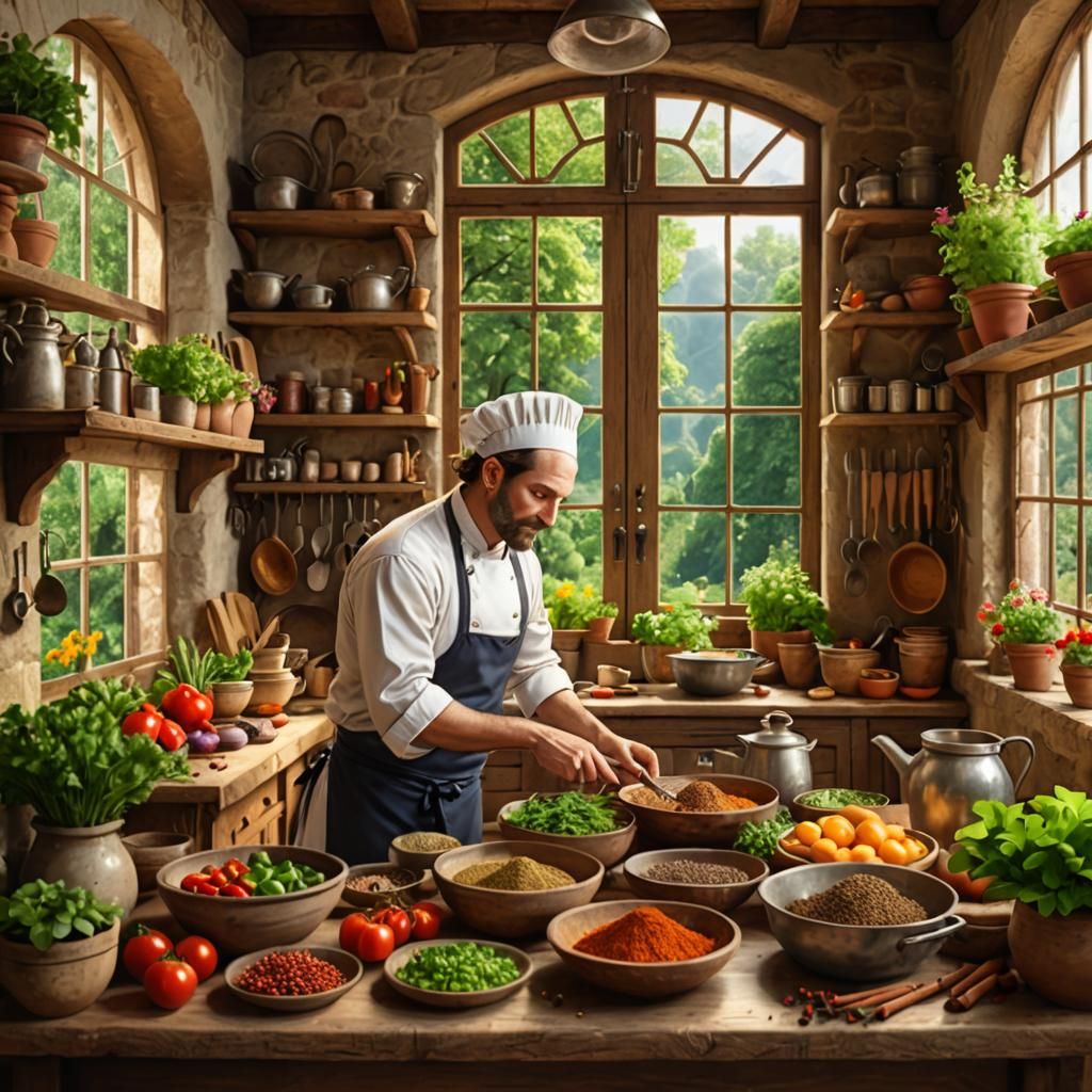 Chef Prepares Food in Quaint Kitchen, Ultra-Realistic