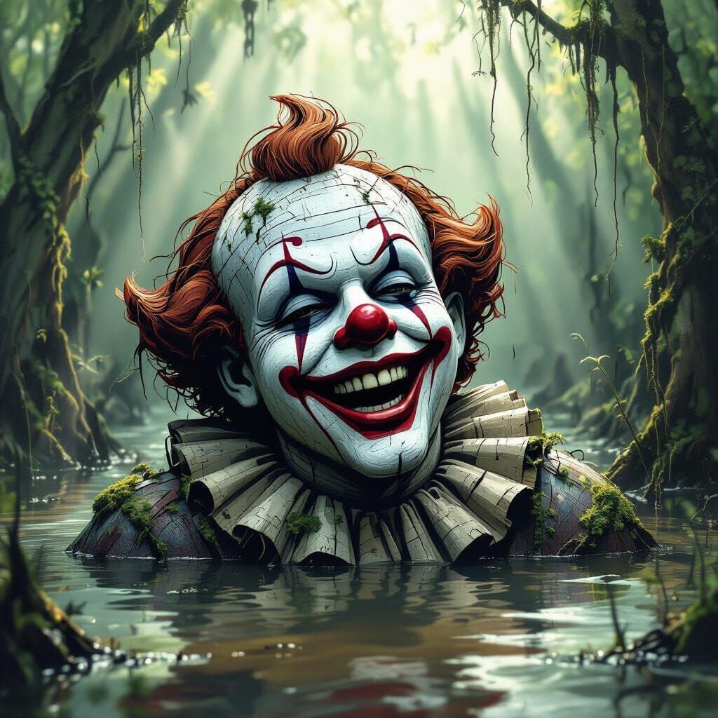 Weathered Clown Statue in Swamp Ink Drawing