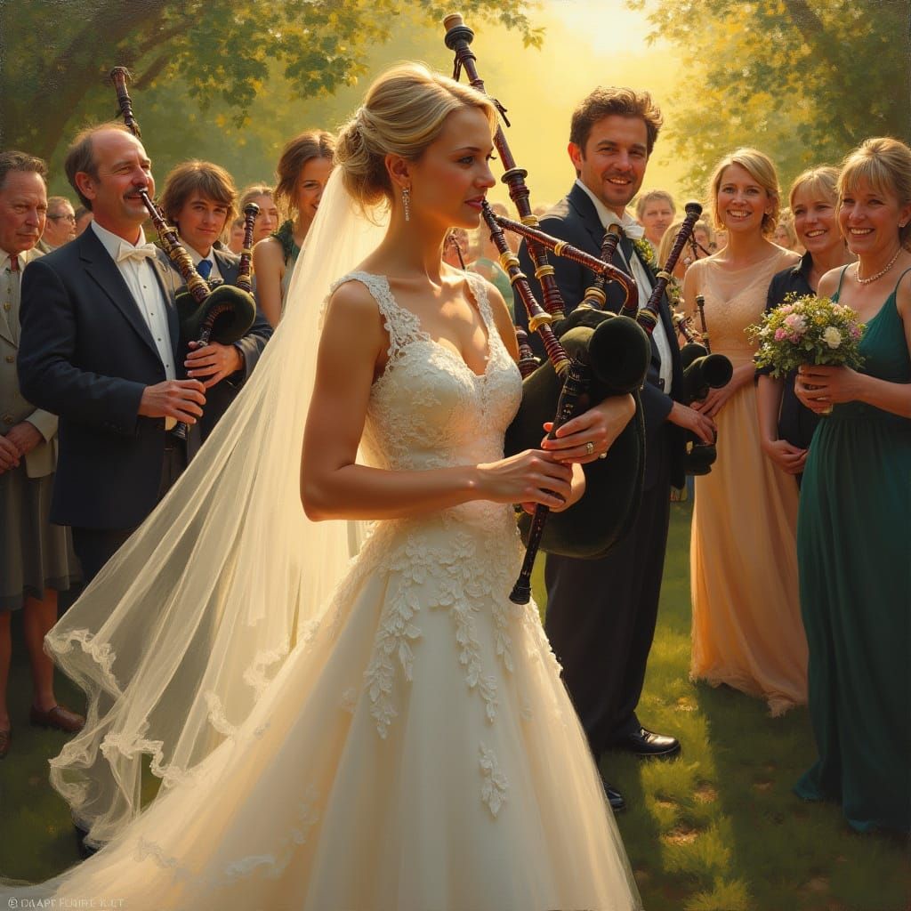 Bride Plays Bagpipes in Golden Hour Oil Painting