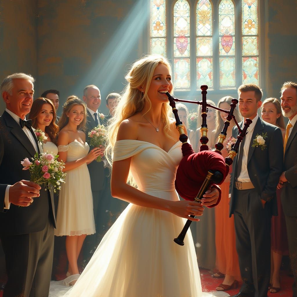 Blonde Bride Joyfully Plays Bagpipes in Sunlit Ceremony