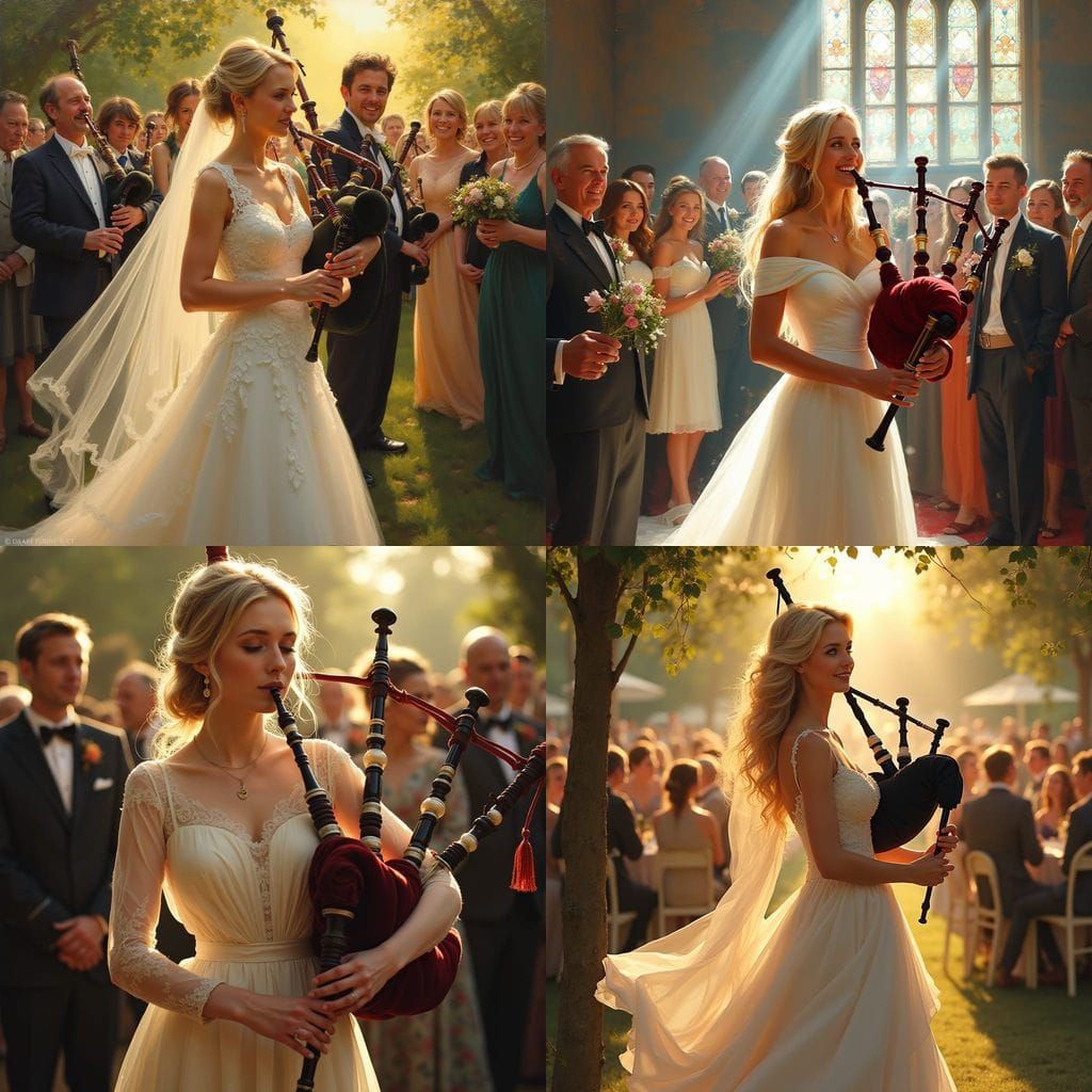 Blonde Woman Plays Bagpipes at Wedding