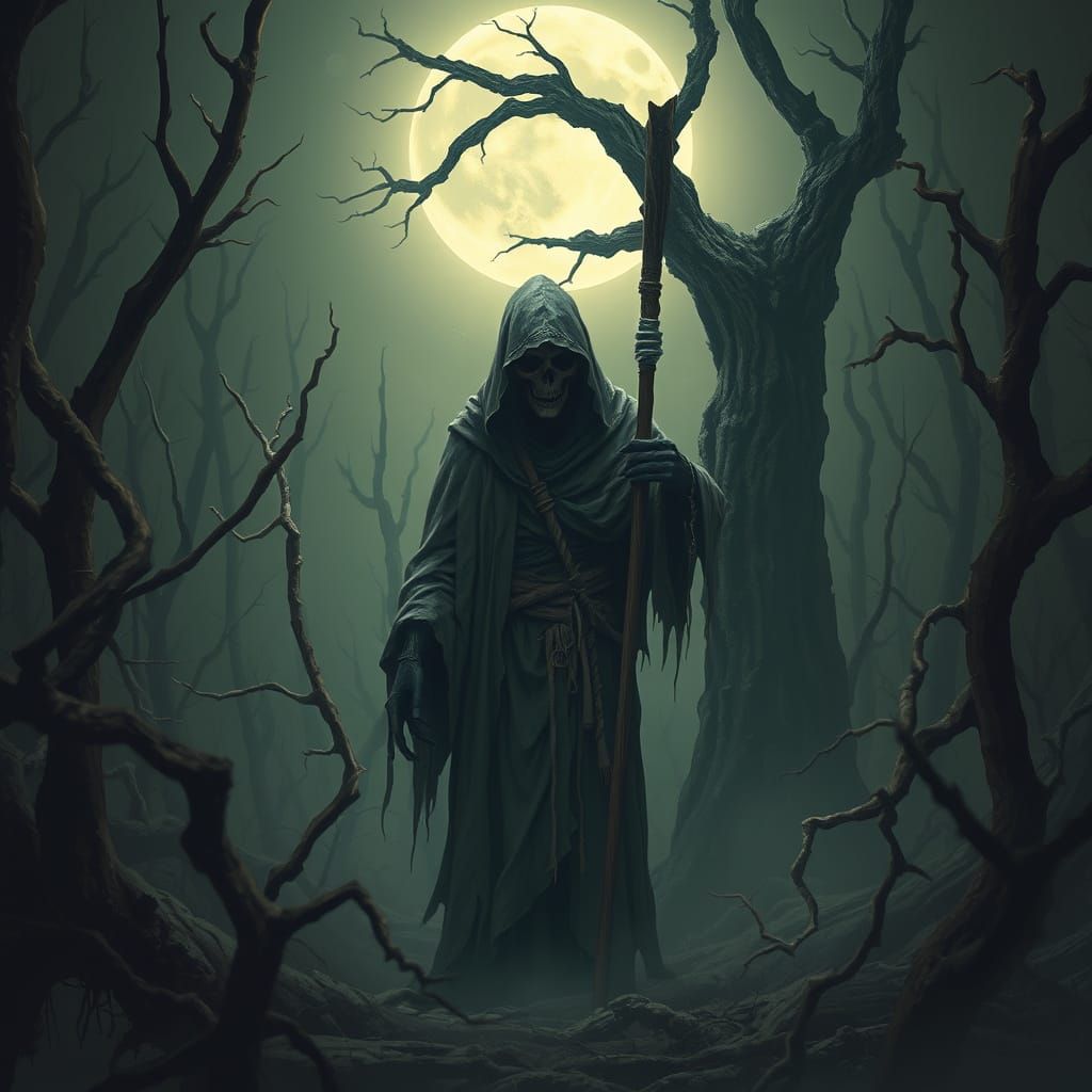 Grim Reaper in Decaying Forest with Full Moon