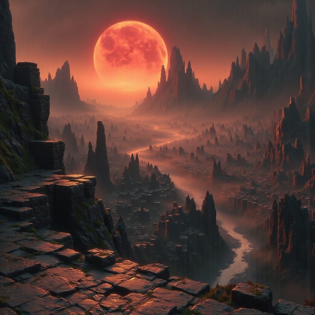 Desolate City Ruins at Dusk in Dark Oil Painting Style