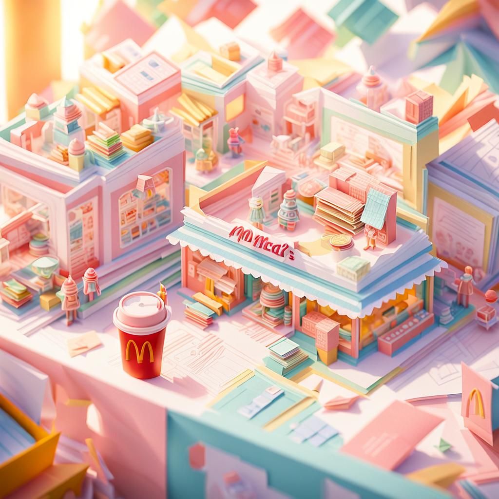 Whimsical Origami Scene with Poli at McDonald's in Pastel Co...