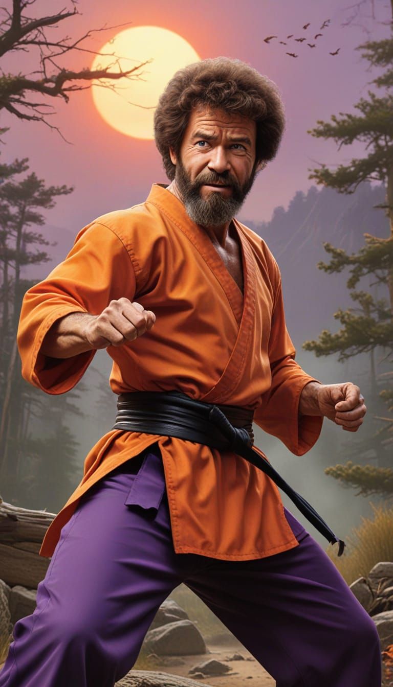 Bob Ross Master Warrior vs. Ninjas in Mad Magazine Style