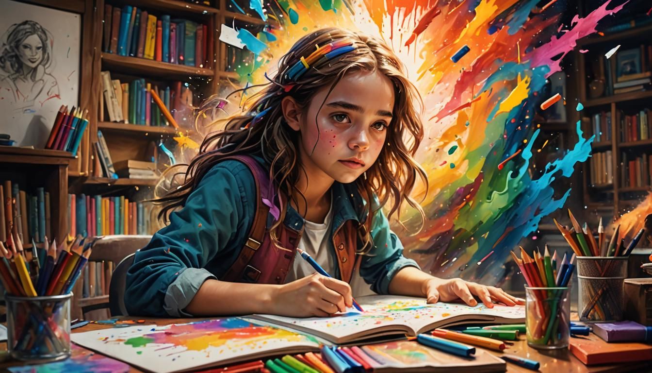 Girl Drawing Abstract Art Jumping from Book