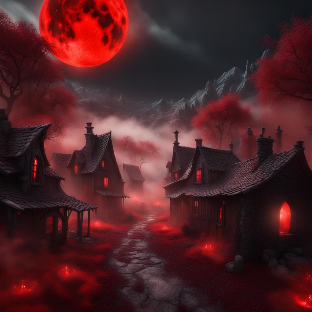Haunted Village Under Red Moon: Dark Fantasy Art