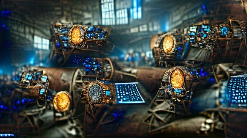 Steampunk Spacecraft Interior with Glowing Screens