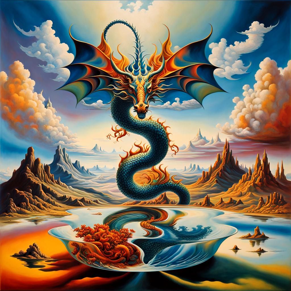 Surreal Landscape with Elastic Flora and Glass Dragon