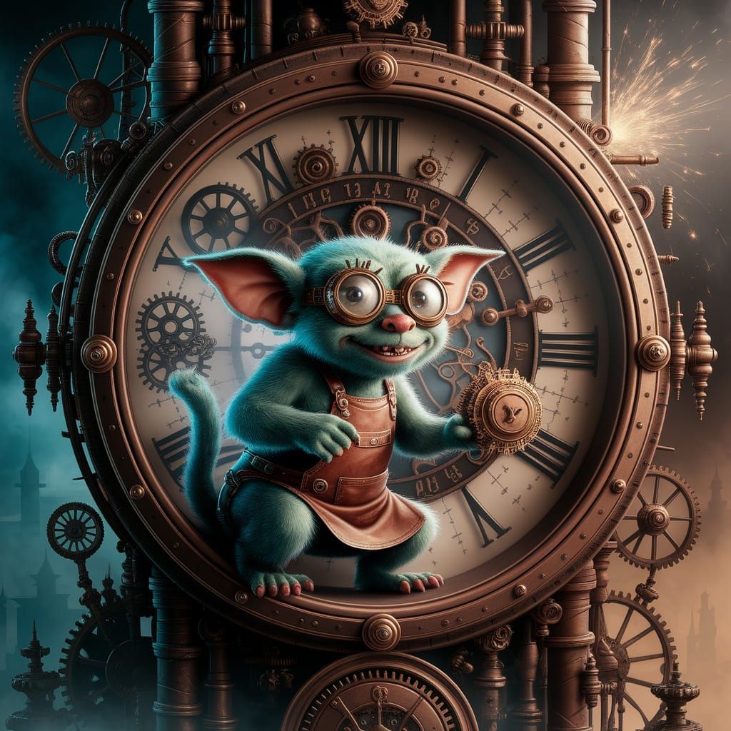 Gremlin Repairs Clock Tower in Steampunk City