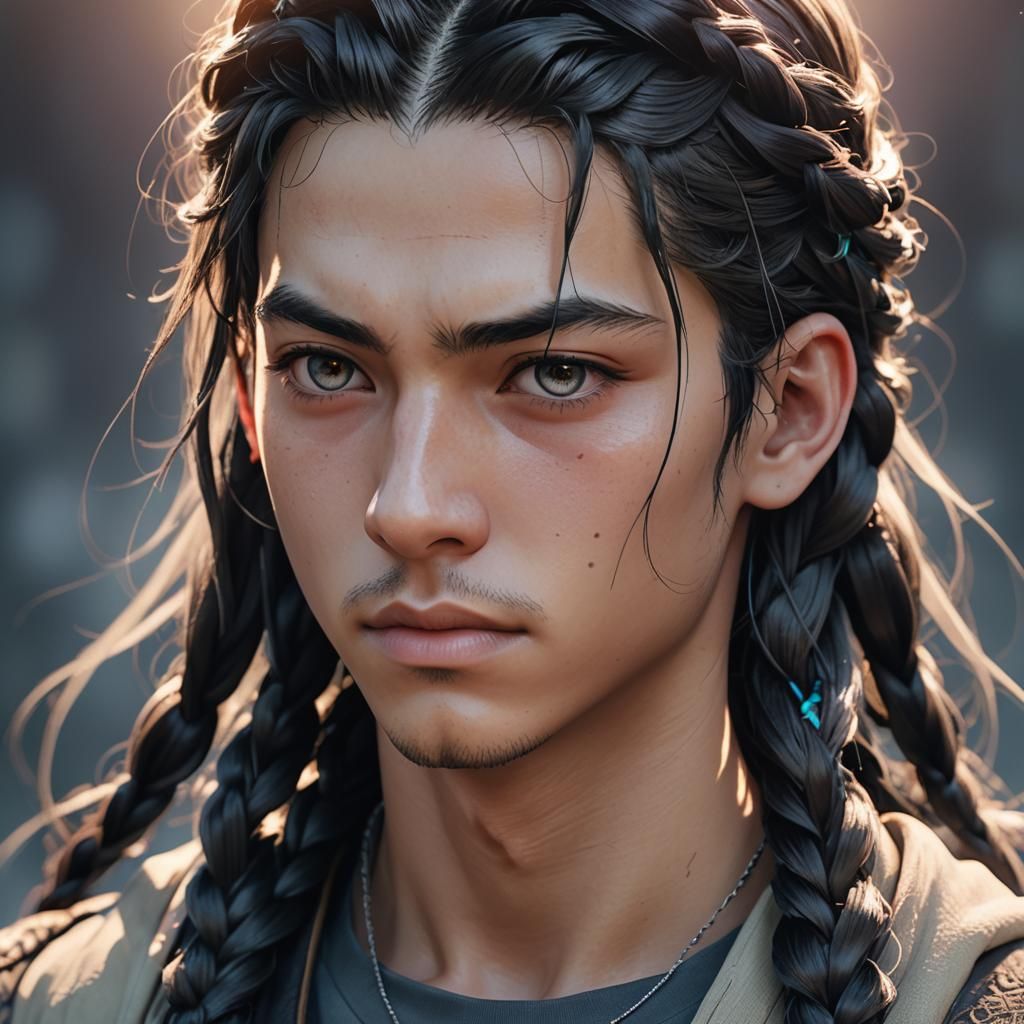Anime Boy Portrait with Braided Hair in 3D