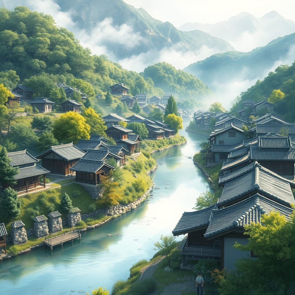 Idyllic Korean Village in Watercolor Hues