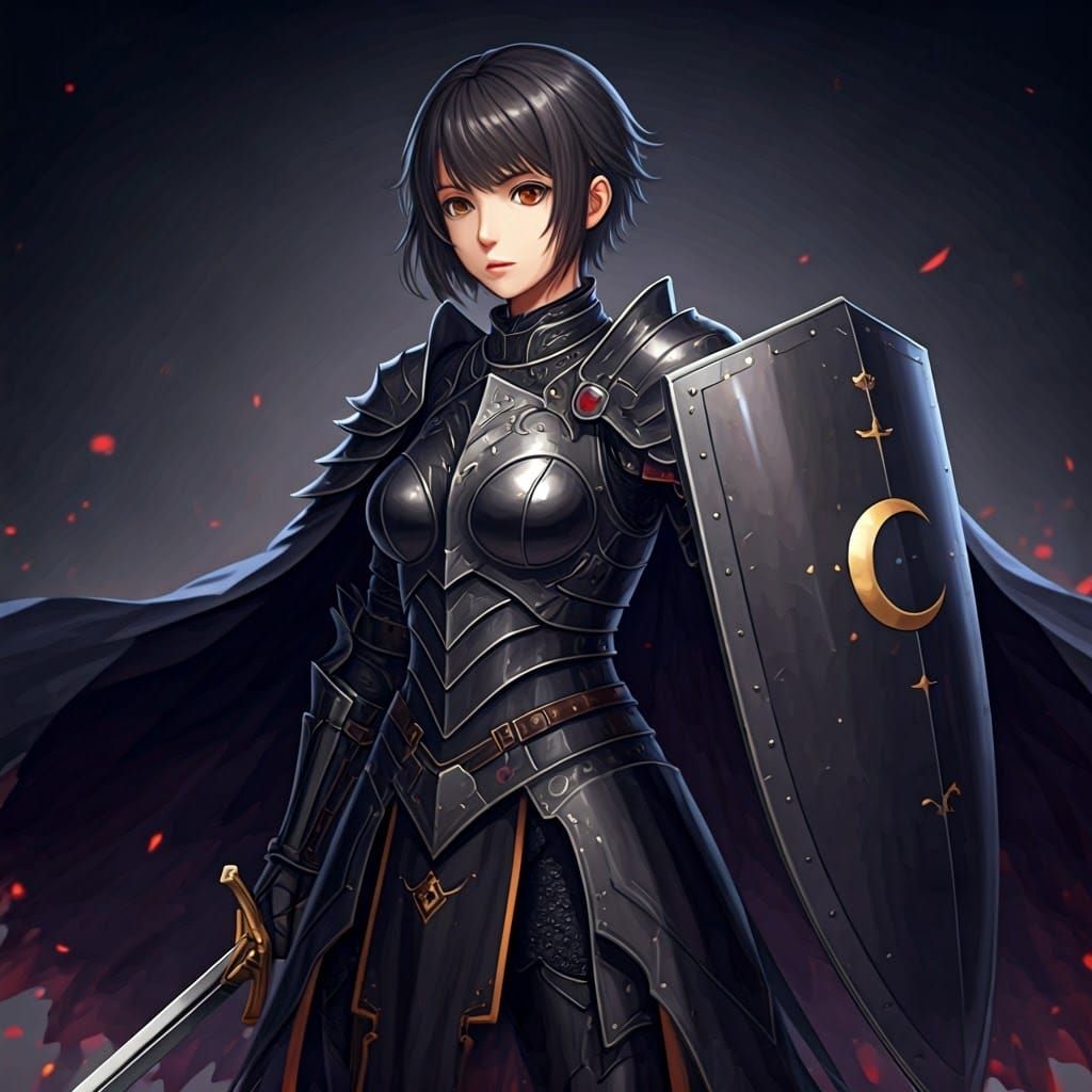 Anime Knight Woman with Moon Shield and Sword