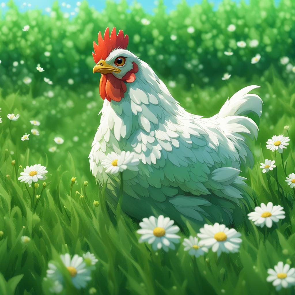 Adorable Chicken in Green Field: 3D Anime Art