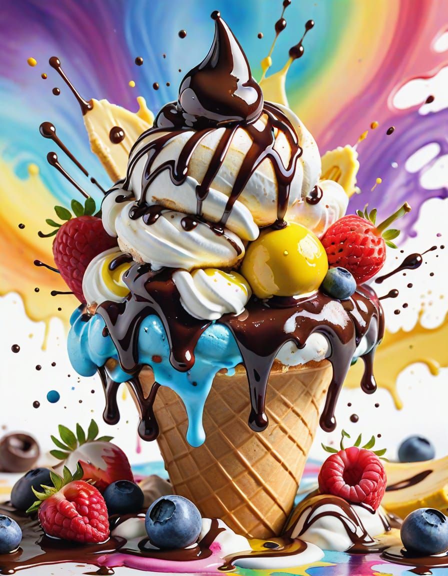 Rainbow Ice Cream Banana Split in Watercolor Style