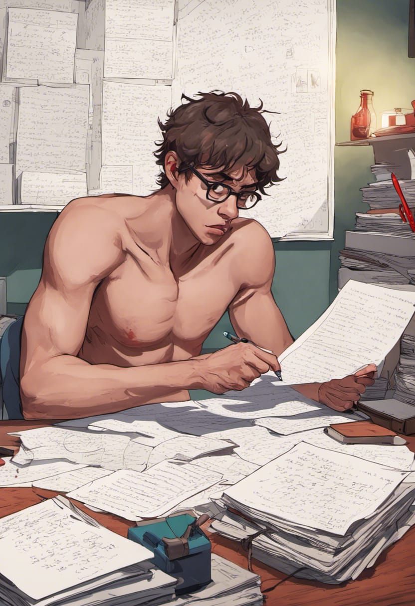 A nerdy male college graduate student grading math homework.