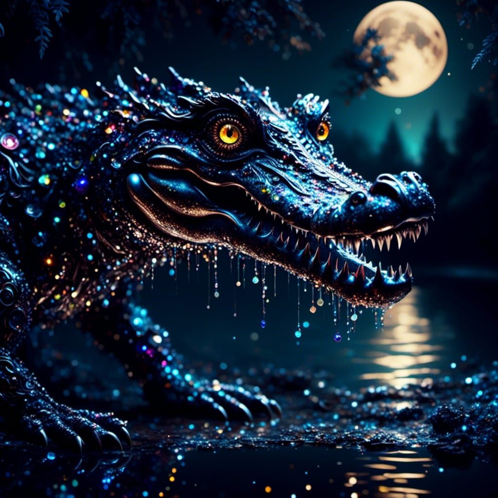 Mystical Crocodile Shimmers Under Moonlight