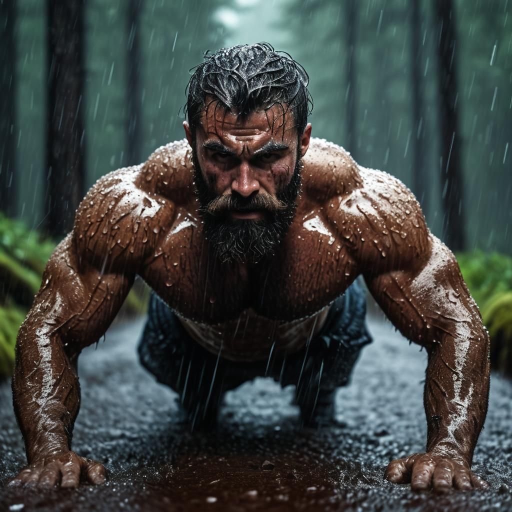 Hyperrealistic Man Doing Push-ups in Storm